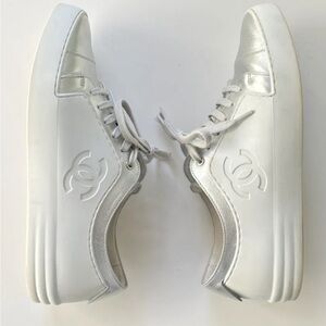 CHANEL Women's White and Silver Sneakers
